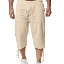 Best OUKU Men's Capri Pants Linen Shorts Summer Shorts Beach Shorts Pocket Elastic Waist Drawstring Plain Soft Breathable Calf-Length Sports Outdoor Casual Black Blue