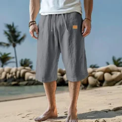 Best OUKU Men's Capri Pants Linen Shorts Summer Shorts Beach Shorts Pocket Drawstring Elastic Waist Plain Comfort Breathable Calf-Length Vacation Holiday Beach Hawaiian Boho Black White Micro-elastic