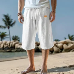 Best OUKU Men's Capri Pants Linen Shorts Summer Shorts Beach Shorts Pocket Drawstring Elastic Waist Plain Comfort Breathable Calf-Length Vacation Holiday Beach Hawaiian Boho Black White Micro-elastic