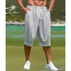Sale OUKU Men's Capri Pants Summer Shorts Casual Shorts Pocket Drawstring Elastic Waist Plain Comfort Breathable Calf-Length Outdoor Vacation Sport Casual Black Army Green