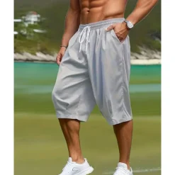 Sale OUKU Men's Capri Pants Summer Shorts Casual Shorts Pocket Drawstring Elastic Waist Plain Comfort Breathable Calf-Length Outdoor Vacation Sport Casual Black Army Green