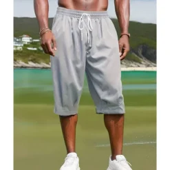 Sale OUKU Men's Capri Pants Summer Shorts Casual Shorts Pocket Drawstring Elastic Waist Plain Comfort Breathable Calf-Length Outdoor Vacation Sport Casual Black Army Green