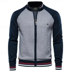Online OUKU Men's Cardigan Sweater Cardigan Ribbed Knit Regular Tops Zipper Color Block Standing Collar Knitwear Neutral Outdoor Clothing Apparel Spring & Fall Black Navy Blue S M L