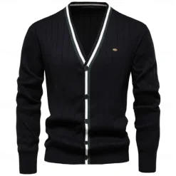 Hot OUKU Men's Cardigan Sweater Knit Button Up with White Trim Striped Deep V Knitwear Elegant School Training Clothing Apparel Bishop Sleeve Fall Winter Black Navy Blue S M L