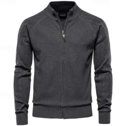 Hot OUKU Men's Cardigan Sweater Ribbed Cable Knit Zipper Jacquard Solid Color Turndown Knitwear Neutral Outdoor Causal Clothing Apparel T-shirt Sleeve Winter Spring & Fall Black Navy Blue S M L