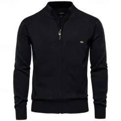 Hot OUKU Men's Cardigan Sweater Ribbed Cable Knit Zipper Jacquard Solid Color Turndown Knitwear Neutral Outdoor Causal Clothing Apparel T-shirt Sleeve Winter Spring & Fall Black Navy Blue S M L
