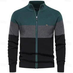 OUKU Men's Cardigan Sweater Zip Sweater Knit Patchwork Zipper Color Block Turtleneck Knitwear Elegant School Training Clothing Apparel Bishop Sleeve Fall Winter Navy Blue Royal Blue S M L