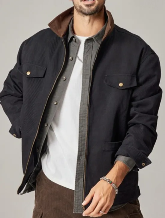 New OUKU Men's Cargo Jacket Transition Jacket Daily Windbreaker Pocket All Seasons Plain Work Lapel Regular Black Khaki Coffee Jacket