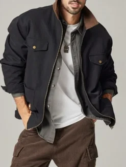 New OUKU Men's Cargo Jacket Transition Jacket Daily Windbreaker Pocket All Seasons Plain Work Lapel Regular Black Khaki Coffee Jacket