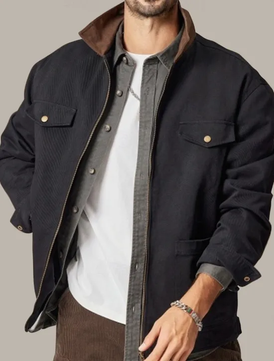 New OUKU Men's Cargo Jacket Transition Jacket Daily Windbreaker Pocket All Seasons Plain Work Lapel Regular Black Khaki Coffee Jacket