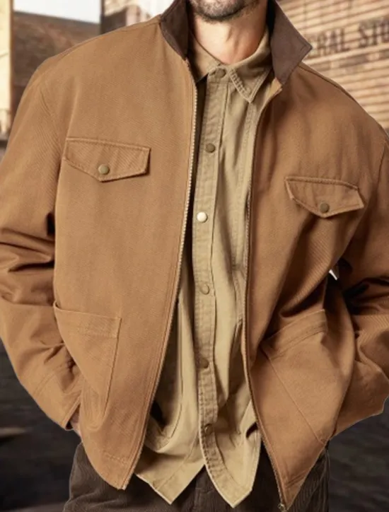 New OUKU Men's Cargo Jacket Transition Jacket Daily Windbreaker Pocket All Seasons Plain Work Lapel Regular Black Khaki Coffee Jacket