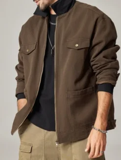 New OUKU Men's Cargo Jacket Transition Jacket Daily Windbreaker Pocket All Seasons Plain Work Lapel Regular Black Khaki Coffee Jacket