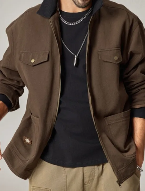 New OUKU Men's Cargo Jacket Transition Jacket Daily Windbreaker Pocket All Seasons Plain Work Lapel Regular Black Khaki Coffee Jacket