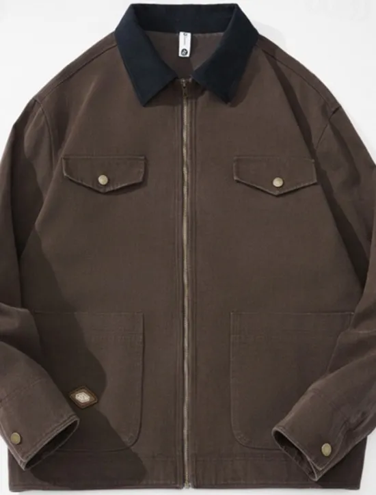 New OUKU Men's Cargo Jacket Transition Jacket Daily Windbreaker Pocket All Seasons Plain Work Lapel Regular Black Khaki Coffee Jacket
