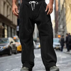 OUKU Men's Cargo Pants Corduroy Pants Trousers Baggy Pants Casual Pants Pocket Elastic Waist Straight Leg Plain Comfort Soft Full Length Outdoor Daily Going out Fashion Streetwear Black Royal Blue