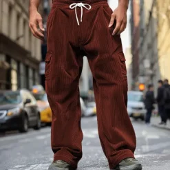 OUKU Men's Cargo Pants Corduroy Pants Trousers Baggy Pants Casual Pants Pocket Elastic Waist Straight Leg Plain Comfort Soft Full Length Outdoor Daily Going out Fashion Streetwear Black Royal Blue