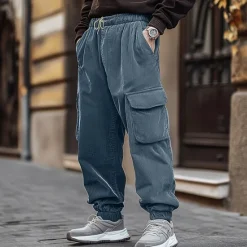 OUKU Men's Cargo Pants Corduroy Pants Trousers Jogger Pants Drawstring Elastic Waist Multi Pocket Plain Comfort Warm Full Length Outdoor Casual Daily Fashion Streetwear Black Blue