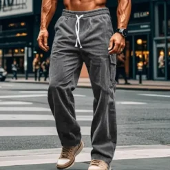 Outlet OUKU Men's Cargo Pants Corduroy Pants Trousers Baggy Pants Casual Pants Drawstring Elastic Waist Multi Pocket Plain Comfort Soft Full Length Outdoor Daily Going out Fashion Streetwear Navy Blue Brown