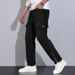 Best OUKU Men's Cargo Pants Corduroy Pants Trousers Elastic Waist Multi Pocket Zip Leg Plain Wearable Outdoor Daily Camping & Hiking Fashion Classic Black Army Green