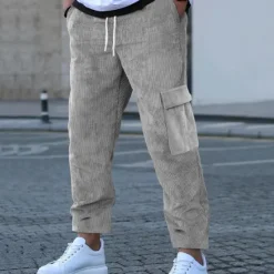 Hot OUKU Men's Cargo Pants Corduroy Pants Trousers Pocket Elastic Waist Drawstring Plain Comfort Sports Outdoor Daily Fashion Casual ArmyGreen Black Micro-elastic