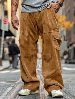 Sale OUKU Men's Cargo Pants Corduroy Pants Trousers Casual Pants Pocket Elastic Waist Multi Pocket Plain Comfort Soft Full Length Outdoor Daily Going out Fashion Streetwear Black Brown Micro-elastic
