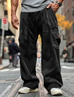 Sale OUKU Men's Cargo Pants Corduroy Pants Trousers Casual Pants Pocket Elastic Waist Multi Pocket Plain Comfort Soft Full Length Outdoor Daily Going out Fashion Streetwear Black Brown Micro-elastic