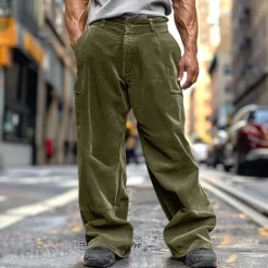 Online OUKU Men's Cargo Pants Corduroy Pants Trousers Baggy Pants Casual Pants Pocket Elastic Waist Straight Leg Plain Comfort Soft Full Length Outdoor Daily Going out Fashion Streetwear Army Green Brown