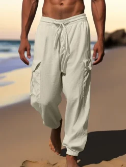 Outlet OUKU Men's Cargo Pants Joggers Linen Pants Trousers Summer Pants Drawstring Elastic Waist Multi Pocket Plain Comfort Breathable Casual Daily Holiday Fashion Classic Style Black White