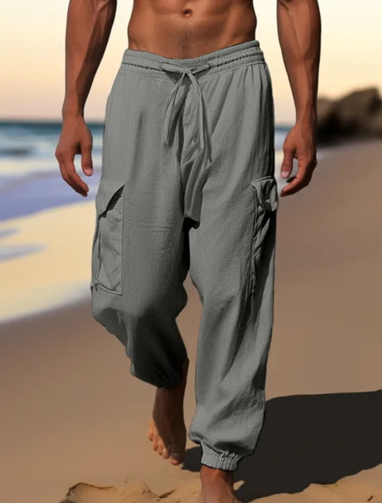 Outlet OUKU Men's Cargo Pants Joggers Linen Pants Trousers Summer Pants Drawstring Elastic Waist Multi Pocket Plain Comfort Breathable Casual Daily Holiday Fashion Classic Style Black White