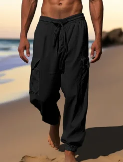 Outlet OUKU Men's Cargo Pants Joggers Linen Pants Trousers Summer Pants Drawstring Elastic Waist Multi Pocket Plain Comfort Breathable Casual Daily Holiday Fashion Classic Style Black White