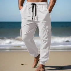 Best OUKU Men's Cargo Pants Joggers Linen Pants Trousers Summer Pants Drawstring Elastic Waist Multi Pocket Plain Comfort Breathable Outdoor Daily Going out Fashion Casual Black White