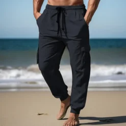 Best OUKU Men's Cargo Pants Joggers Linen Pants Trousers Summer Pants Drawstring Elastic Waist Multi Pocket Plain Comfort Breathable Outdoor Daily Going out Fashion Casual Black White