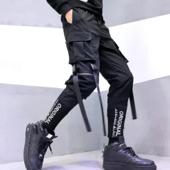 Hot OUKU Men's Cargo Pants Joggers Techwear Drawstring Elastic Waist Multi Pocket Graphic Letter Comfort Wearable Casual Daily Holiday Sports Fashion Black