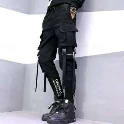 Hot OUKU Men's Cargo Pants Joggers Techwear Drawstring Elastic Waist Multi Pocket Graphic Letter Comfort Wearable Casual Daily Holiday Sports Fashion Black