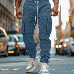Outlet OUKU Men's Cargo Pants Joggers Corduroy Pants Trousers Casual Pants Pocket Elastic Waist Multi Pocket Plain Comfort Soft Full Length Outdoor Daily Going out Fashion Streetwear Black Blue Micro-elastic