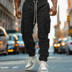 Outlet OUKU Men's Cargo Pants Joggers Corduroy Pants Trousers Casual Pants Pocket Elastic Waist Multi Pocket Plain Comfort Soft Full Length Outdoor Daily Going out Fashion Streetwear Black Blue Micro-elastic