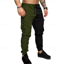 OUKU Men's Cargo Pants Joggers Trousers Drawstring Elastic Waist Multi Pocket Color Block Wearable Outdoor Daily Camping & Hiking Fashion Classic Army Green Khaki