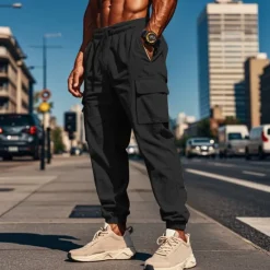 OUKU Men's Cargo Pants Joggers Cargo Joggers Trousers Drawstring Elastic Waist Multi Pocket Plain Breathable Outdoor Daily Camping & Hiking Fashion Classic Black White