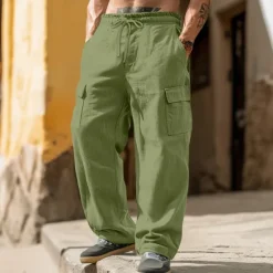 OUKU Men's Cargo Pants Linen Pants Trousers Summer Pants Elastic Waist Drawstring Multi Pocket Plain Comfort Breathable Full Length Casual Daily Holiday Vacation Fashion Black White Inelastic