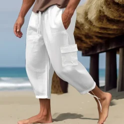 Outlet OUKU Men's Cargo Pants Linen Pants Summer Pants Beach Pants Drawstring Elastic Waist Plain Comfort Breathable Casual Daily Holiday Fashion Classic Style Black White