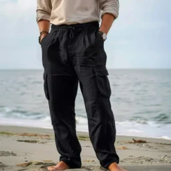 Hot OUKU Men's Cargo Pants Trousers Summer Pants Beach Pants Drawstring Elastic Waist Multi Pocket Plain Comfort Breathable Outdoor Daily Going out Fashion Casual Black White