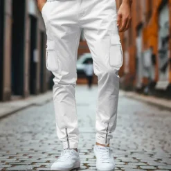 Hot OUKU Men's Cargo Pants Trousers Chinos Casual Pants Zipper Cargo Pocket Plain Comfort Breathable Full Length Casual Daily Holiday Fashion Basic Black White Micro-elastic