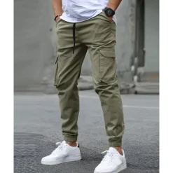 Clearance OUKU Men's Cargo Pants Trousers Elastic Waist Multi Pocket Plain Wearable Outdoor Daily Casual Dark Brown Black