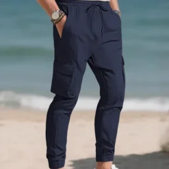 OUKU Men's Cargo Pants Trousers Casual Pants Drawstring Elastic Waist Multi Pocket Plain Comfort Sports Outdoor Daily Fashion Casual Black White Micro-elastic