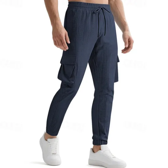 OUKU Men's Cargo Pants Trousers Casual Pants Drawstring Elastic Waist Multi Pocket Plain Comfort Sports Outdoor Daily Fashion Casual Black White Micro-elastic