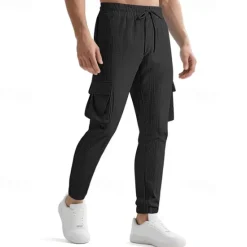OUKU Men's Cargo Pants Trousers Casual Pants Drawstring Elastic Waist Multi Pocket Plain Comfort Sports Outdoor Daily Fashion Casual Black White Micro-elastic
