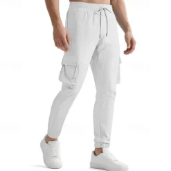 OUKU Men's Cargo Pants Trousers Casual Pants Drawstring Elastic Waist Multi Pocket Plain Comfort Sports Outdoor Daily Fashion Casual Black White Micro-elastic