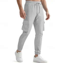 OUKU Men's Cargo Pants Trousers Casual Pants Drawstring Elastic Waist Multi Pocket Plain Comfort Sports Outdoor Daily Fashion Casual Black White Micro-elastic
