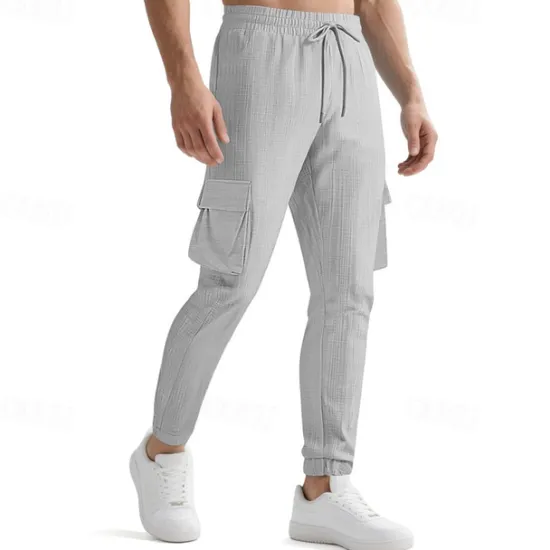 OUKU Men's Cargo Pants Trousers Casual Pants Drawstring Elastic Waist Multi Pocket Plain Comfort Sports Outdoor Daily Fashion Casual Black White Micro-elastic
