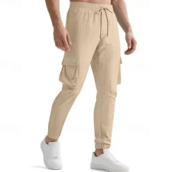 OUKU Men's Cargo Pants Trousers Casual Pants Drawstring Elastic Waist Multi Pocket Plain Comfort Sports Outdoor Daily Fashion Casual Black White Micro-elastic